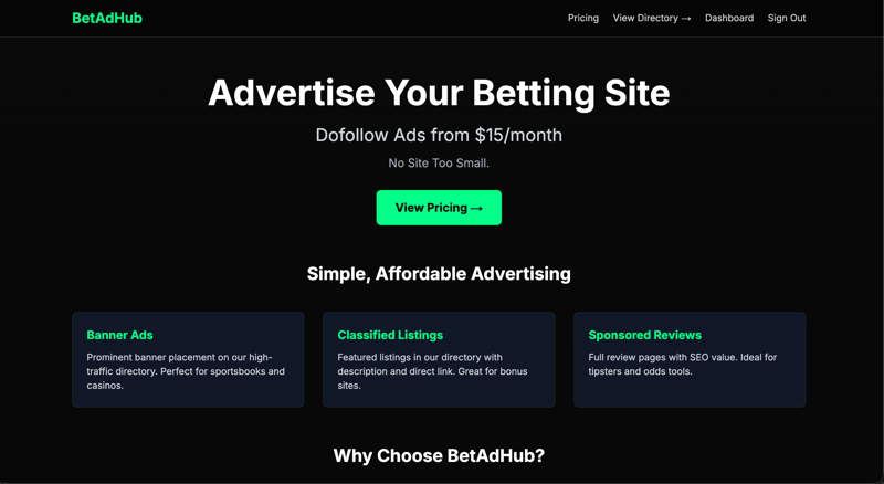 BetAdHub.com dashboard concept: dark UI, Advertise headline, green pricing button, sponsor logos