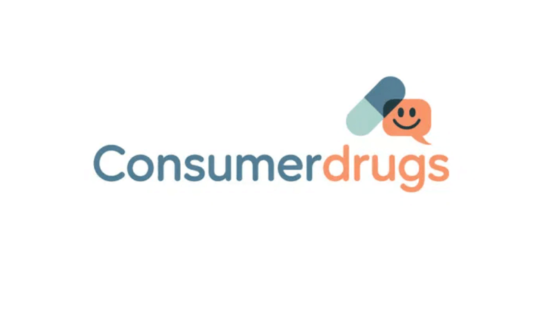 ConsumerDrugs.com premium domain logo – pill and smiley face for consumer health
