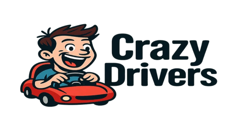 CrazyDrivers.com premium domain logo – fun cartoon driver in red car