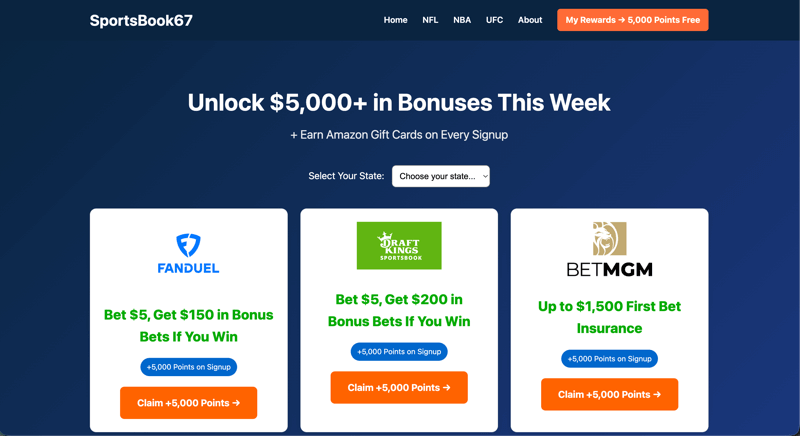Sportsbook67.com dashboard: blue promo with bonus headline, sportsbook logos, and sign-up incentives